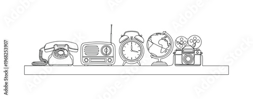 Retro Accents. Minimalistic one-line drawing decorative items from past eras arranged on shelf, continuous single black line on white background, simple
