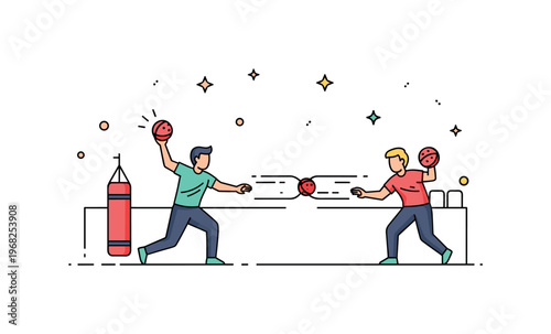 Throwing a ball dodgeball game concept where participants throw balls in a competitive indoor gym while tiny sparkle and star icons highlight motion,