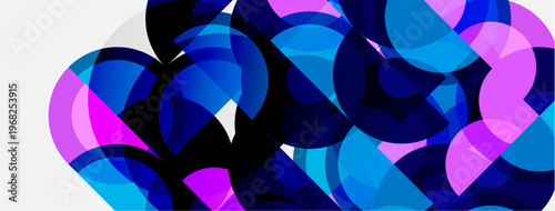 Abstract composition featuring overlapping circles. Shades range from deep blues, purples, pinks, creating dynamic visual texture. Minimalist design.