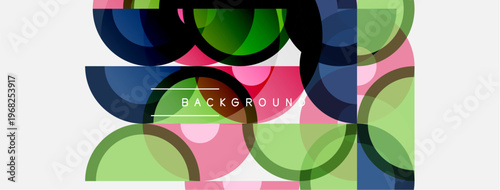 Abstract circles overlap, creating vibrant color patterns. Background text reads background. Modern design, simple geometry, light hues dominate.