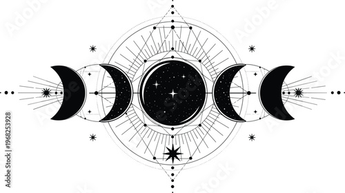 Moon Phases Sacred Geometry Illustration with Crescent Moon, Stars and Mystical Symbols Boho Astrology Vector Illustration for Spiritual Design
