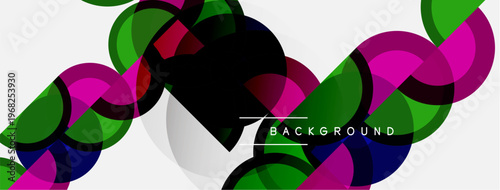 Abstract colorful shapes overlap, creating dynamic background. Pink, green, dark blue dominate design. Modern aesthetic.