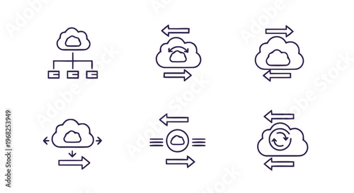 Cloud Computing Icons Depicting Data Transfer and Network Connectivity.