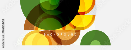 Abstract geometric shapes overlap, creating vibrant color layers. Design features circles, curves, gradients, text label background.