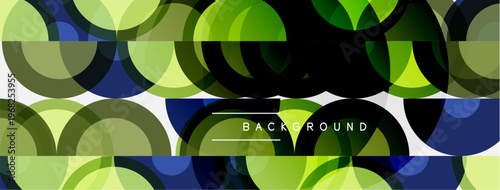 Abstract pattern features overlapping circles, green, blue hues. Modern design creates dynamic visual texture. Background element.