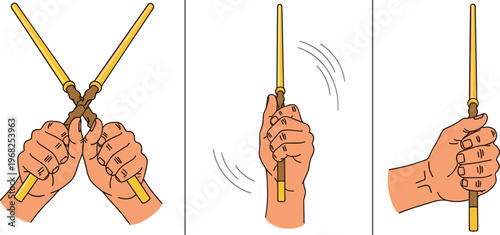 Hands Holding Drumsticks Set with Different Grip Positions and Drumming Motion Vector Illustration for Music and Percussion Technique Design