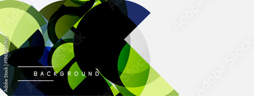 Abstract geometric shapes overlap, creating dynamic composition. Green, blue, black hues dominate design. Minimalist text reads background.