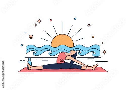 Yoga at sunrise beach session concept where a person stretches on a yoga mat with waves in the background while tiny sparkle and star icons highlight serenity,