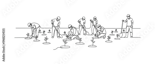 Reforestation Effort. Minimalistic one-line drawing volunteers planting multiple young trees in open space, continuous single black line on white background,