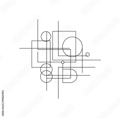 Geometric Abstraction. Minimalistic one-line drawing squares, circles, and lines in abstract layout, continuous single black line on white background, simple