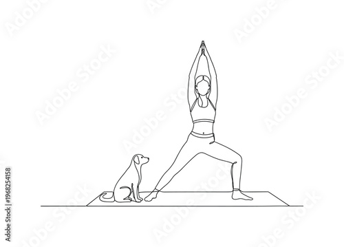 Furry Friend Yoga. Minimalistic one-line drawing person in warrior or tree pose with pet on mat, continuous single black line on white background, simple