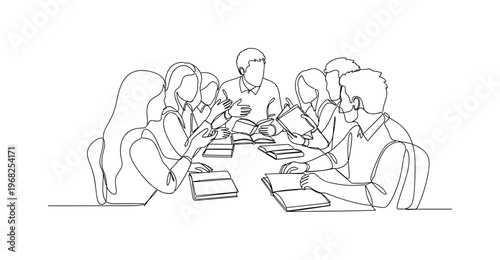 Book Club Meeting. Minimalistic one-line drawing group of friends discussing literature over books, continuous single black line on white background, simple