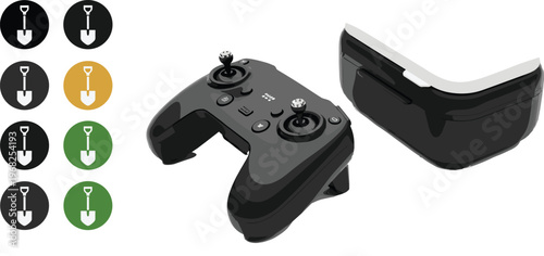 Drone Remote Controller and VR Goggles Set with Shovel Icons Game Controller and Virtual Reality Equipment Vector Illustration Collection