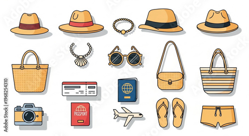 Summer travel icons set, beach vacation accessories in flat line art style, 18 vector elements for holiday planning and tourism design