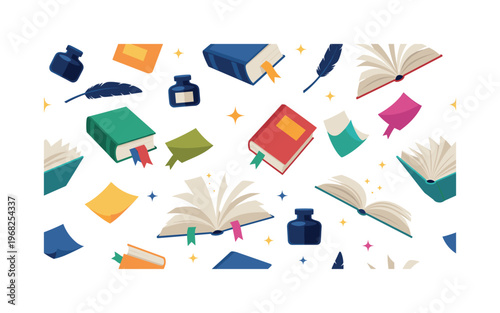 levitating book patterns seamless pattern, repeating pattern, surface design, textile print, modern illustration of open books, quills, ink bottles, flying