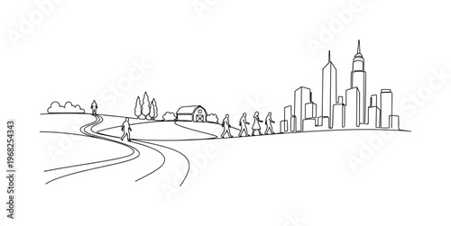 Urban Relocation Journey. Minimalistic one-line drawing individuals traveling from rural area to cityscape, continuous single black line on white background,