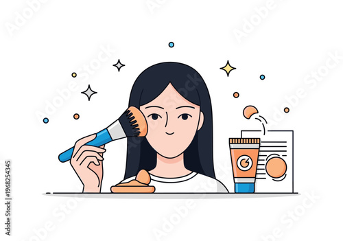 Foundation cosmetic application tutorial scene where a makeup artist demonstrates blending foundation while tiny sparkle and star icons emphasize skill, smooth