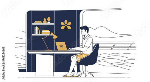 Man Working Remotely at Desk with Laptop, Home Office Setup, Minimalist Illustration