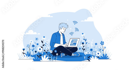 Man Working Outdoors on Laptop in a Flower Meadow with WiFi Signal