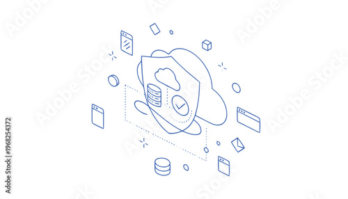 Cloud Security Shield Isometric Illustration for Data Protection.