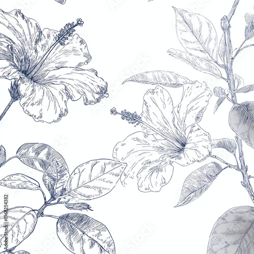 Delicate floral pattern featuring hand-drawn hibiscus flowers on a white background.