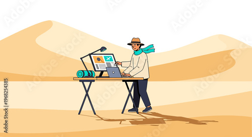 Man Working Remotely in Desert with Laptop and Computer