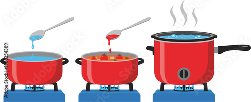 Cooking Process Set with Boiling Water, Making Soup and Electric Cooker Pot Kitchen Vector Illustration Collection for Food Preparation Design