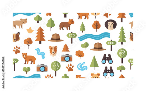 eco-awareness icons seamless pattern, repeating pattern, surface design, textile print, modern illustration of animals, forests, rivers, ranger hats, cameras,