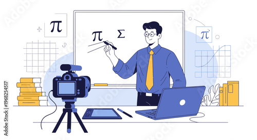 Math Teacher Explains Equations Online with Laptop and Camera