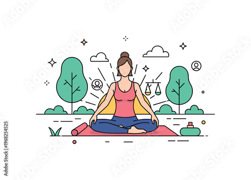 Yoga at sunrise park sunrise yoga session scene where a yoga mat is laid among trees and soft morning light while tiny sparkle and star icons highlight