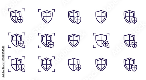 Collection of Security Shield Icons Representing Protection and Safety.