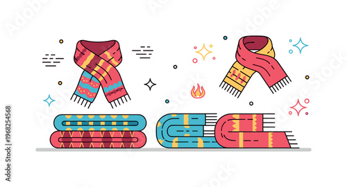 Scarves and shawls cozy fashion scene where a collection of colorful scarves and shawls drapes over a chair while small sparkle and line icons emphasize style,