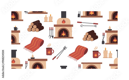 fire warmth patterns seamless pattern, repeating pattern, surface design, textile print, modern illustration of fireplaces, glowing embers, firewood, hearth