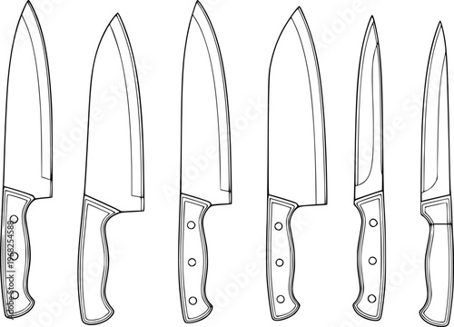 Collection of different kitchen knives with black outlines a white background cooking