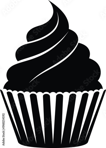 Silhouette cupcake with swirls of cream frosting and fluted wrapper vector illustration