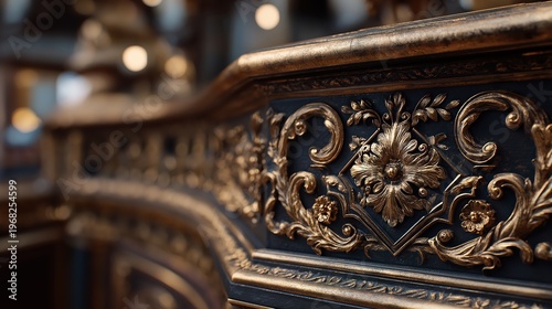 Gold carved floral ornament on dark wooden surface. Intricate relief pattern of baroque style architectural detail. Luxury furniture design element for interior decor and craftsmanship.