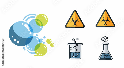 Science and Hazard Icons Set with Bubbles, Biohazard Symbol, and Laboratory Glassware on an Isolated White Background.