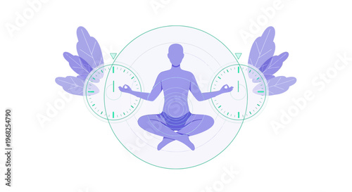 Mindfulness Meditation Silhouette with Abstract Floral Elements and Clock Circles