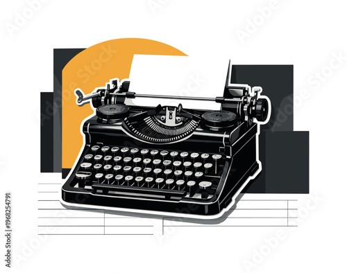 Black and white vintage typewriter viewed from a slightly angled perspective, keys detailed in retro photographic style, layered paper cut-out effect with