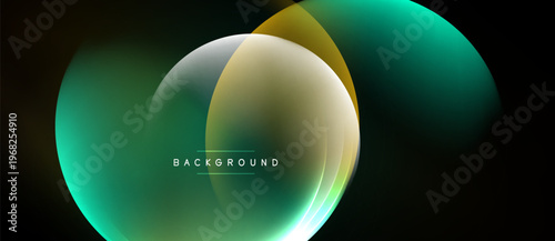 Abstract design features overlapping glowing circles. Colors include teal, gold, white against dark background. Modern, dynamic composition.