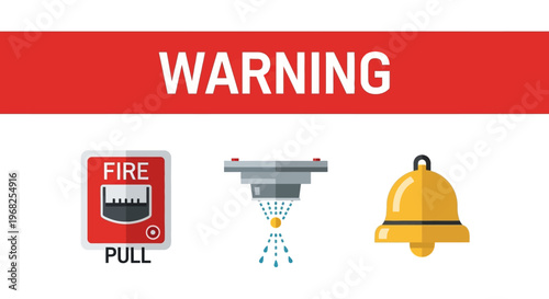 Fire Alarm System Warning Icons featuring a Pull Station, Sprinkler, and Bell on an Isolated White Background.