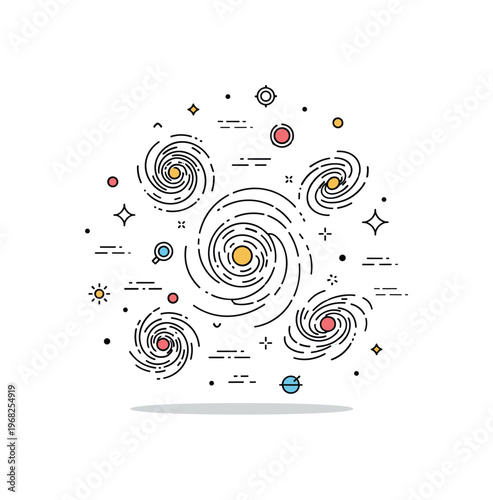 Infinite space galaxy cluster concept where multiple galaxies swirl together while tiny sparkle and line icons highlight scale, complexity, and cosmic beauty.