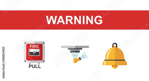 Fire Alarm System Warning with Pull Station, Sprinkler, and Bell Icons on an Isolated White Background.