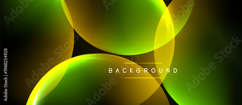 Abstract design features flowing yellow, green shapes over black background. Modern, dynamic composition creates visual interest.
