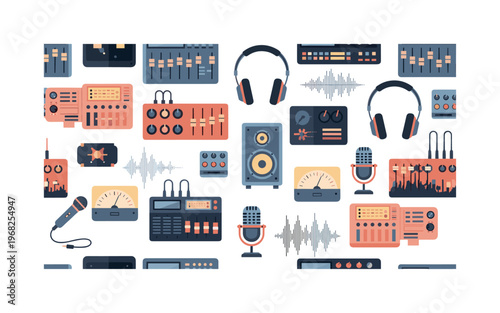 music production icons seamless pattern, repeating pattern, surface design, textile print, modern illustration of mixing boards, faders, knobs, headphones,