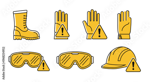 Set of Personal Protective Equipment (PPE) Icons with Safety Boots, Gloves, Glasses, Goggles, and Helmet for Workplace on isolated white background