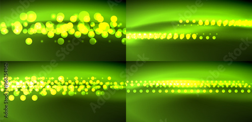 Bright green bokeh effects form abstract patterns. Four panels display varying densities, creating dynamic visual texture.
