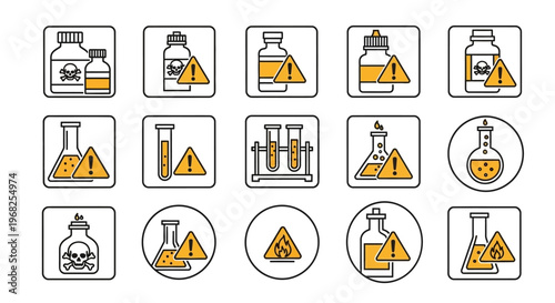 Set of Chemical Hazard Warning and Laboratory Equipment Icons Grid on isolated white background