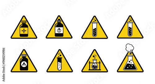 Set of Chemical Hazard Warning Signs with Triangle Symbols on isolated white background