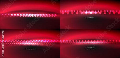 Red backgrounds feature glowing dots, forming lines. Variations show differing dot density, creating dynamic visual effects. Smooth gradients present depth.